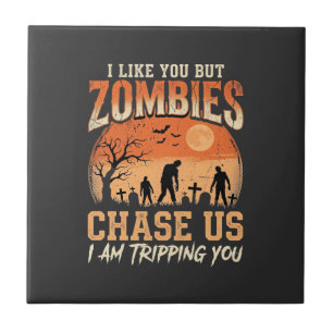 Funny Zombies Halloween Chase Us Design Tile