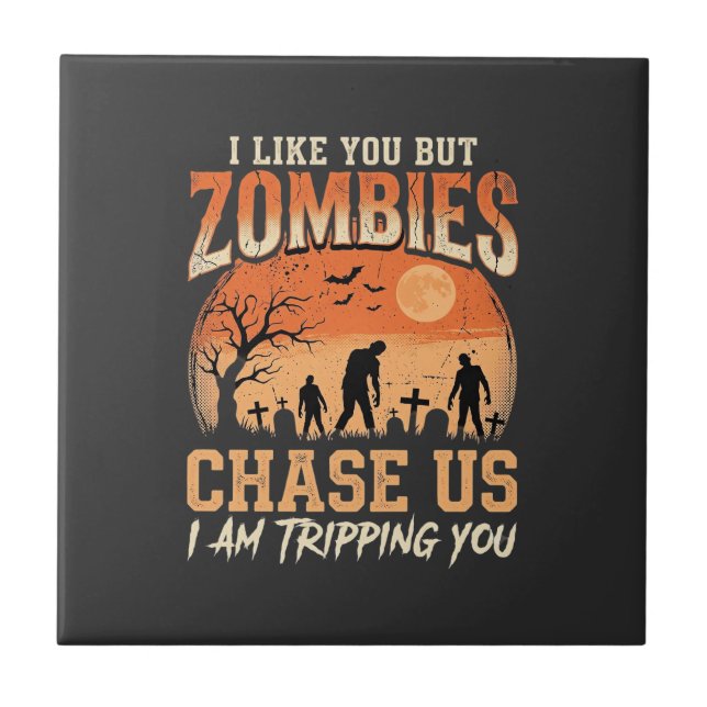 Funny Zombies Halloween Chase Us Design Tile (Front)