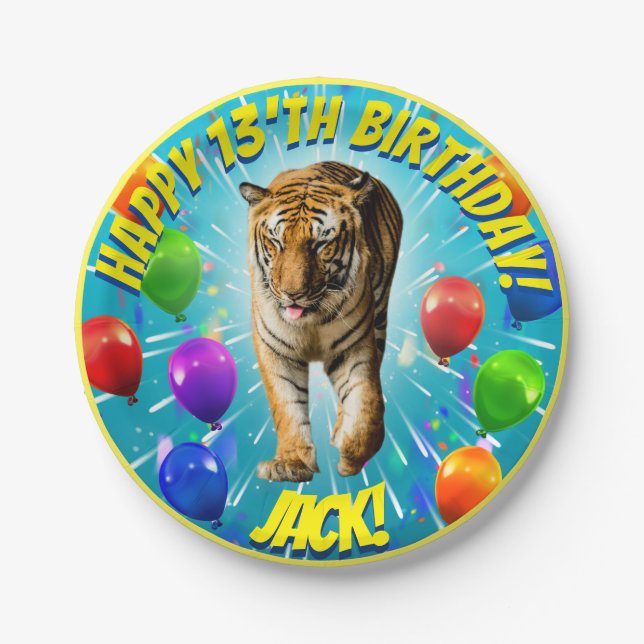 Funy Tiger Balloon Birthday Paper Plate (Front)