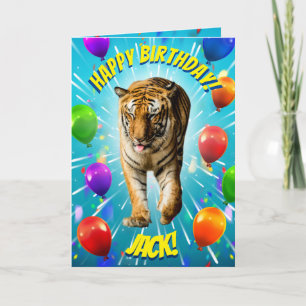 Funy Tiger Party Balloon Explosion Birthday Card