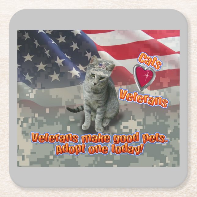 Fur Battle Buddies-Cats-Love Veterans Square Paper Coaster (Front)