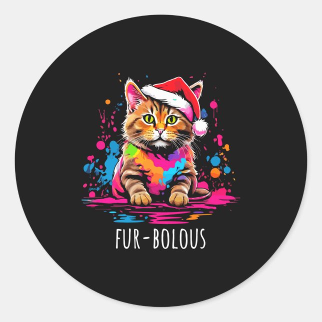Fur-bulous Cute Cat Christmas Party Holiday Kitten Classic Round Sticker (Front)