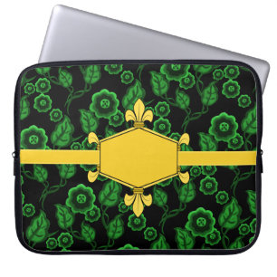 Fur de lis, gold, green floral, Add initials/name Laptop Sleeve