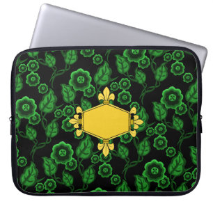 Fur de lis, gold, green floral, Add initials/name Laptop Sleeve