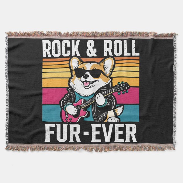 Fur-Ever Rock & Roll With A Rockin Corgi Throw Blanket (Front)