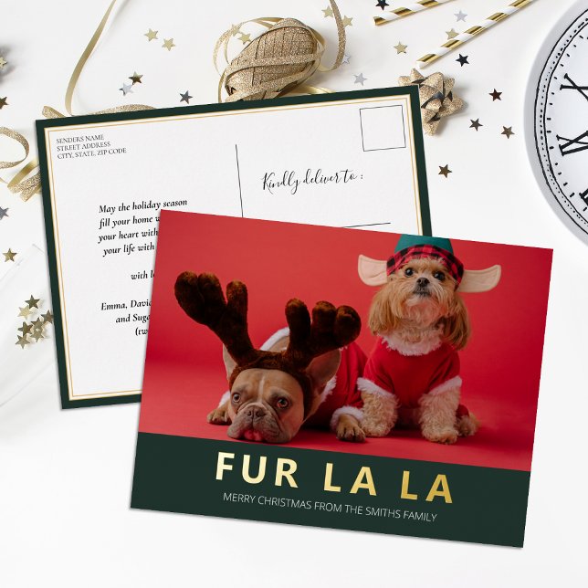 Fur La La Green Gold Modern Pet Christmas Photo Foil Holiday Postcard (Creator Uploaded)