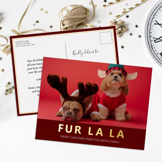 Fur La La Red Gold Modern Pet Christmas Photo Foil Holiday Postcard (Creator Uploaded)