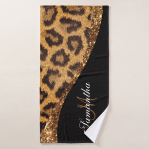 Fur Leopard Print and Glitter Bath Towel Set