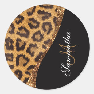 Fur Leopard Print and Glitter Classic Round Sticker