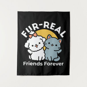 Fur-Real Friends Forever   Cute Cat & Dog Duo Tapestry