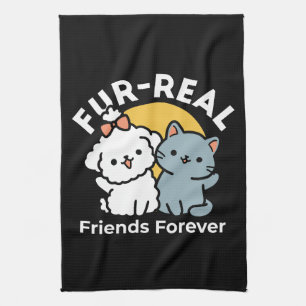 Fur-Real Friends Forever   Cute Cat & Dog Duo Tea Towel