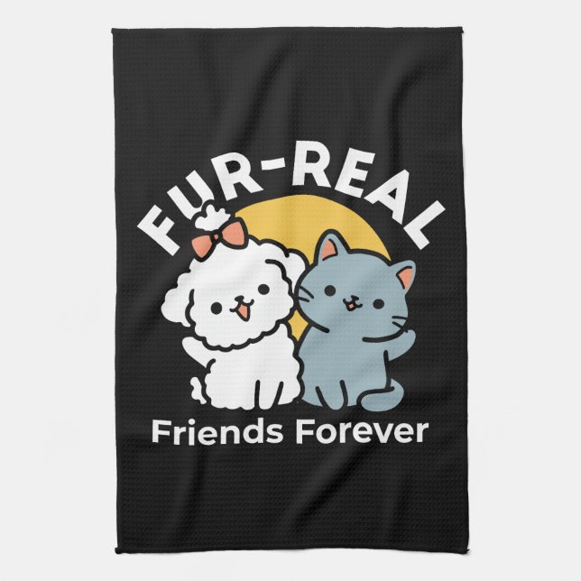 Fur-Real Friends Forever | Cute Cat & Dog Duo Tea Towel (Vertical)
