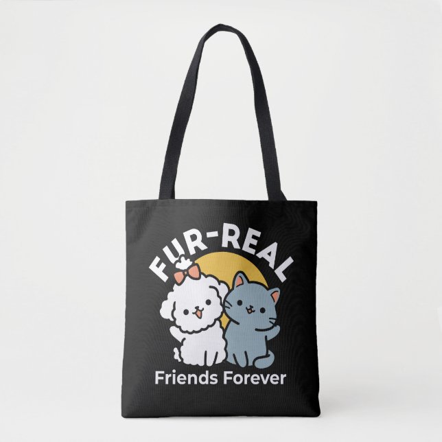 Fur-Real Friends Forever | Cute Cat & Dog Duo Tote Bag (Front)