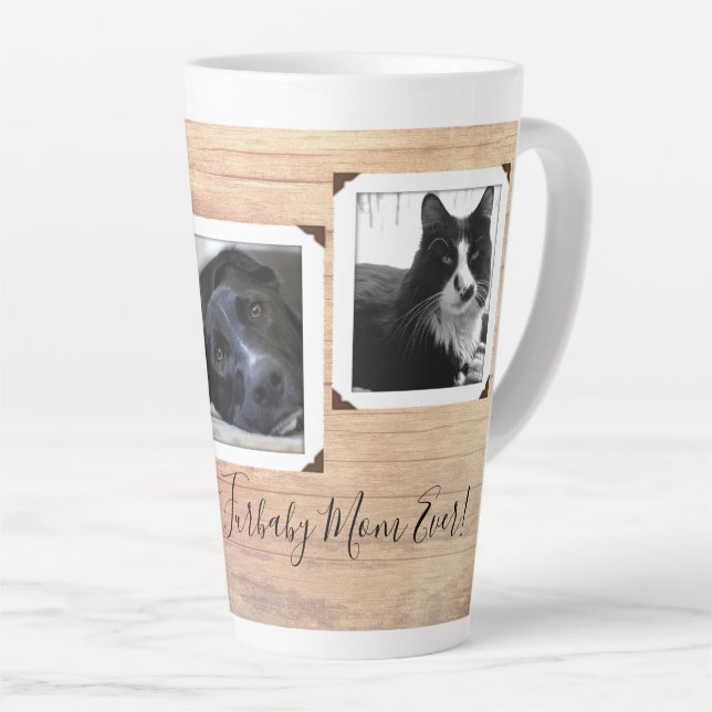 Furbaby Mum Dad Wood Grain Multi-photo Latte Mug (Right Angle)