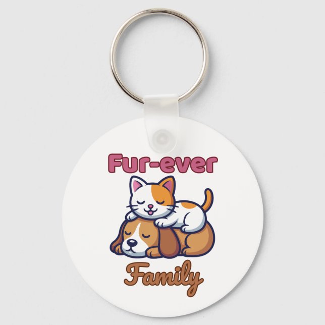 Furever Family Heartwarming Cat & Dog Illustration Key Ring (Front)