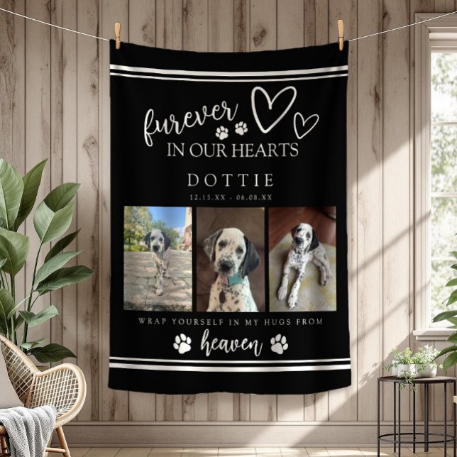 Furever In Our Hearts Dog Memorial Photo Blanket (Furever In Our Hearts Scrpit Typography Black and White Dog Memorial Photo Blanket)