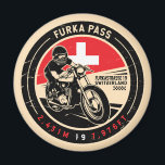 Furka Pass | Switzerland | Motorcycle Magnet<br><div class="desc">Furka Pass done in a vintage,  distressed style emblem. It is a famous mountain pass found along the Alps in Switzerland.</div>