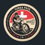 Furka Pass | Switzerland | Motorcycle Magnet<br><div class="desc">Furka Pass done in a vintage, distressed style emblem. It is a famous mountain pass found along the Alps in Switzerland.</div>