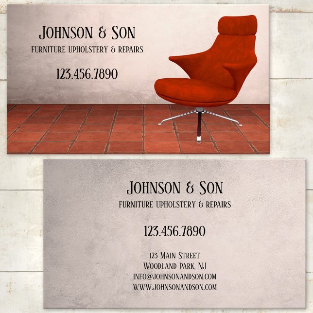Furniture Upholstery Business Card (Professional furniture and upholstery or repair business card featuring a red retro chair)