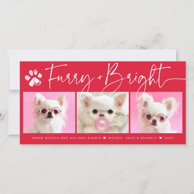 Furry and Bright | 3 Photo Pet Collage Holiday Card (Front)