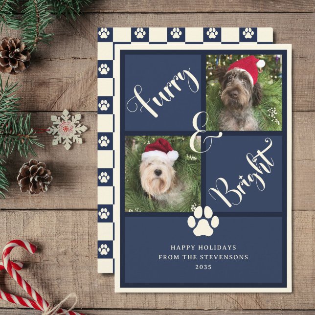 Furry And Bright Navy Blue Photo Collage Dog  Holiday Card (Creator Uploaded)
