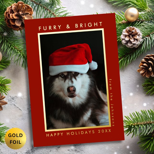 Furry and Bright Paw Print Red Pet Photo Christmas Foil Holiday Card (Creator Uploaded)
