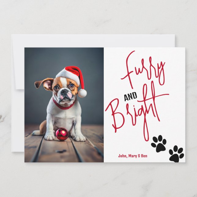 Furry and Bright Pet Photo Christmas Red Holiday Card (Front)