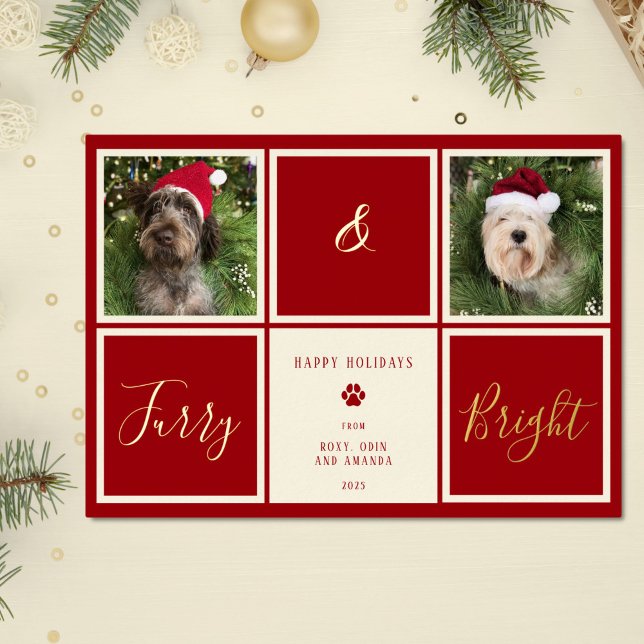 Furry And Bright Red Gold Foil Photo Dog Foil Holiday Card (Creator Uploaded)