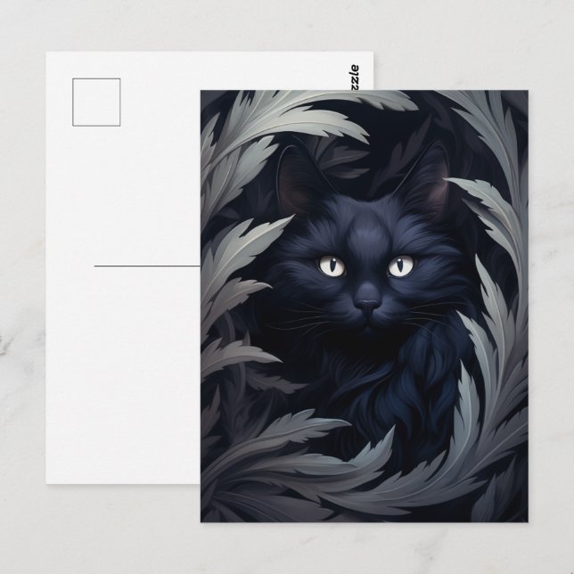 Furry Black Cat Among The Leaves Postcard (Front/Back)