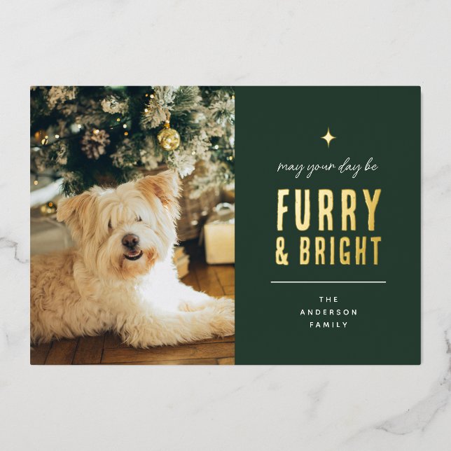 Furry & Bright Modern Dog Photo Collage Christmas Foil Holiday Card (Front)