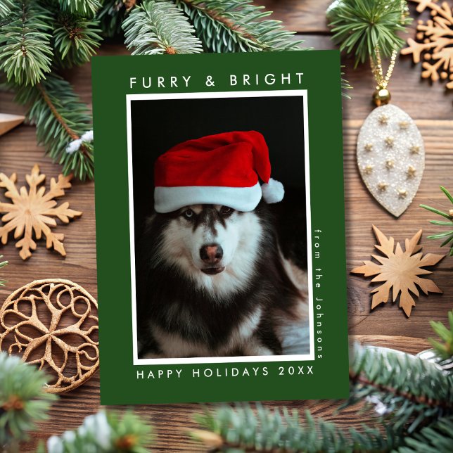 Furry & Bright Paw Print Green Pet Photo Christmas Holiday Card (Creator Uploaded)