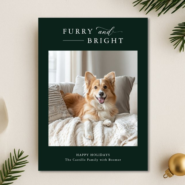 Furry & Bright Simple Dog Christmas 2 Photo Green Holiday Card (Creator Uploaded)