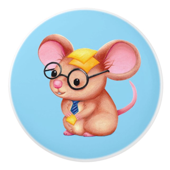 Furry Cheese Man Business Mouse Tie Glasses Nerdy Ceramic Knob (Front)