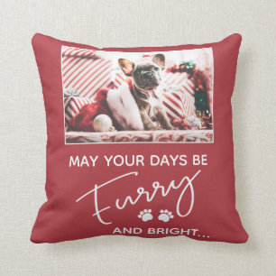 Furry Christmas red with photo and white paws Cushion