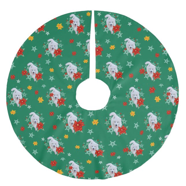 Furry Christmas/Winter Dog Samoyed Brushed Polyester Tree Skirt (Front)