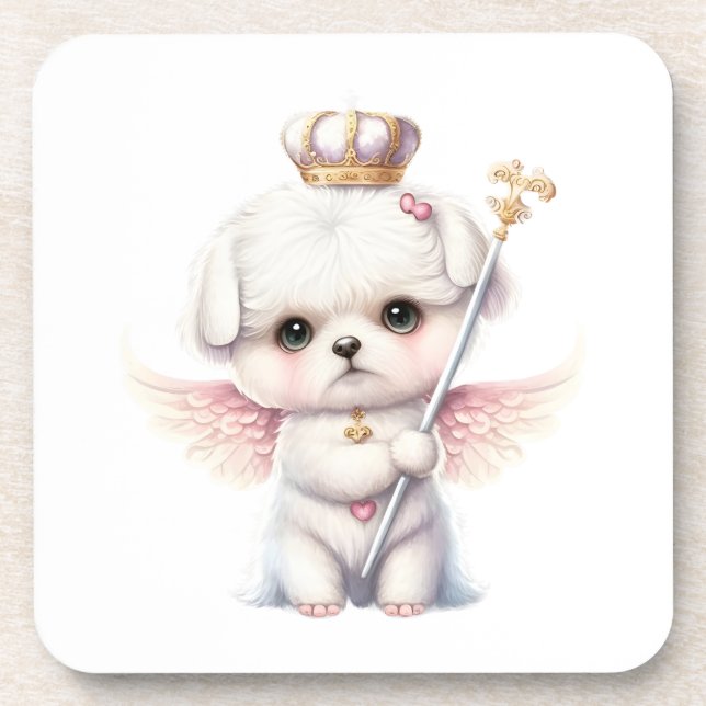 Furry Joy: Angel Wing Maltese Dog Puppy Gift Coaster (Front)