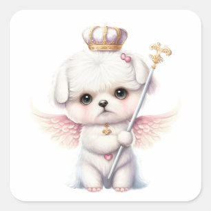 Furry Joy: Angel Wing Maltese Dog Puppy Gift Keych Square Sticker