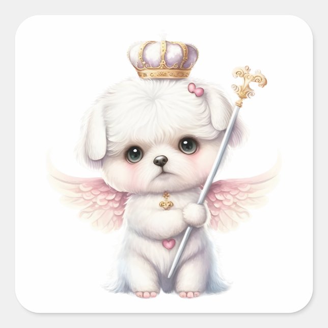 Furry Joy: Angel Wing Maltese Dog Puppy Gift Keych Square Sticker (Front)