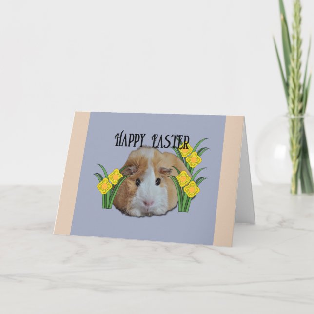 Furry Little Guinea Pig Tan Happy Easter Daffodil  Card (Front)