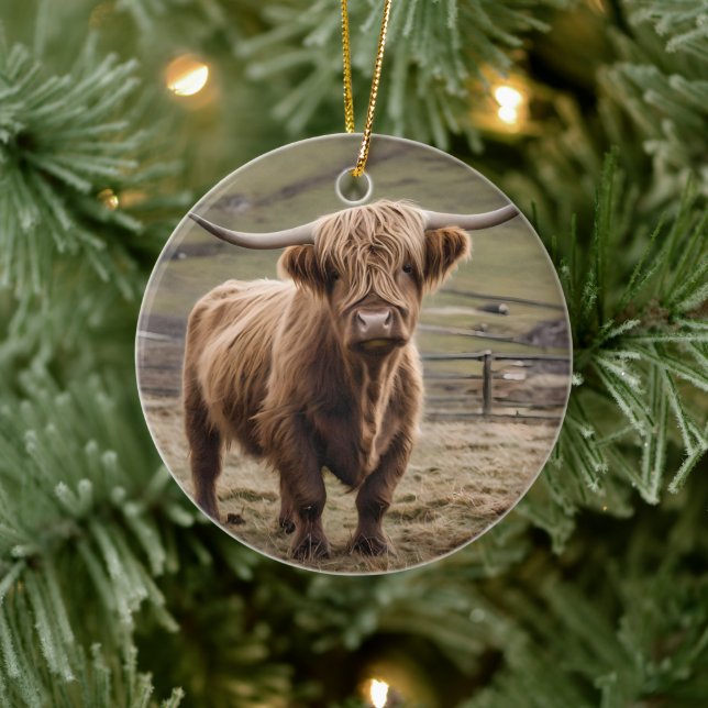**"Furry Majesty: The Woolly Brown Highland Cow"** Ceramic Tree Decoration (Tree)