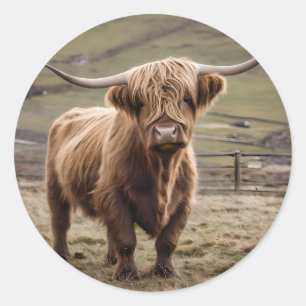 **"Furry Majesty: The Woolly Brown Highland Cow"** Classic Round Sticker