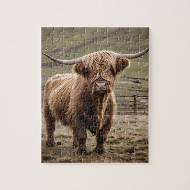 **"Furry Majesty: The Woolly Brown Highland Cow"** Jigsaw Puzzle (Vertical)