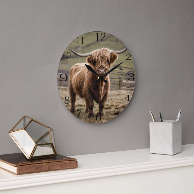 **"Furry Majesty: The Woolly Brown Highland Cow"** Large Clock (Office)