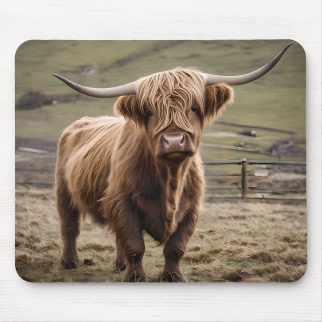 **"Furry Majesty: The Woolly Brown Highland Cow"** Mouse Mat (Front)