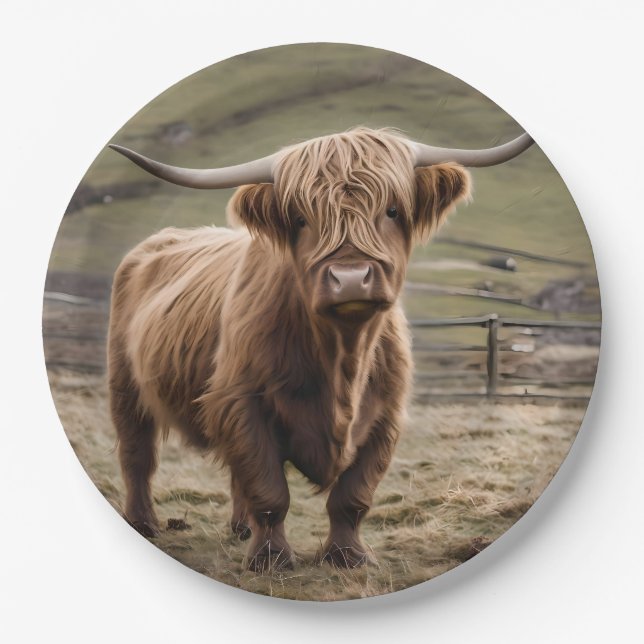 **"Furry Majesty: The Woolly Brown Highland Cow"** Paper Plate (Front)