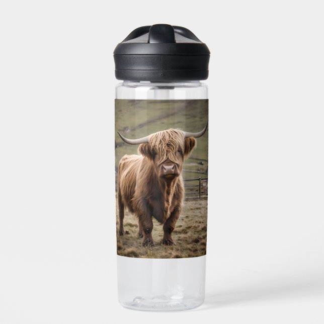 **"Furry Majesty: The Woolly Brown Highland Cow"** Water Bottle (Front)