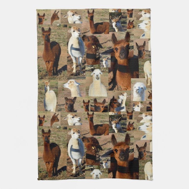 "Furry Moments: An Alpaca Photo Collage" Tea Towel (Vertical)
