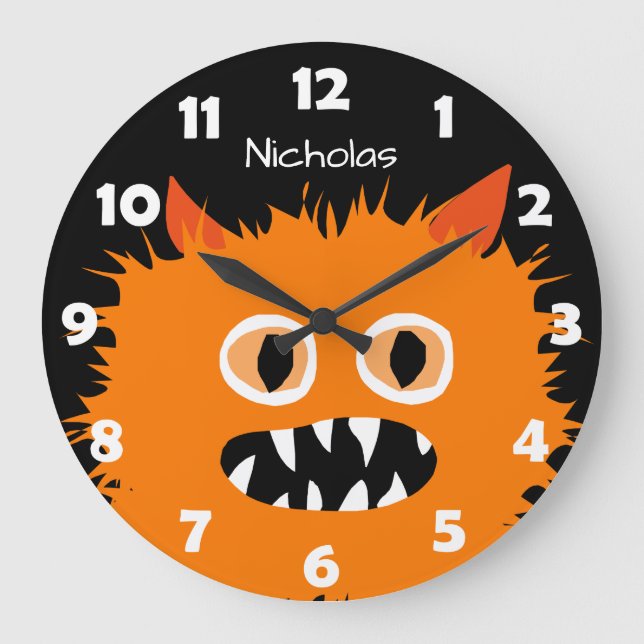 Furry Orange Monster Kids Personalised Silly Large Clock (Front)