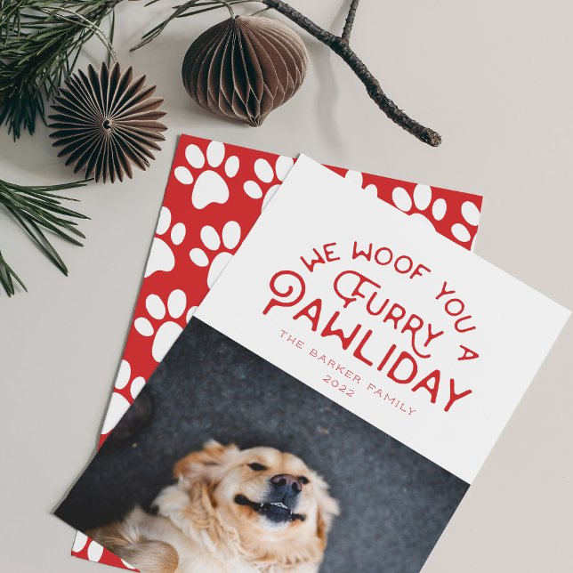 Furry Pawliday Typography | Pet Themed Photo White Holiday Card (Creator Uploaded)