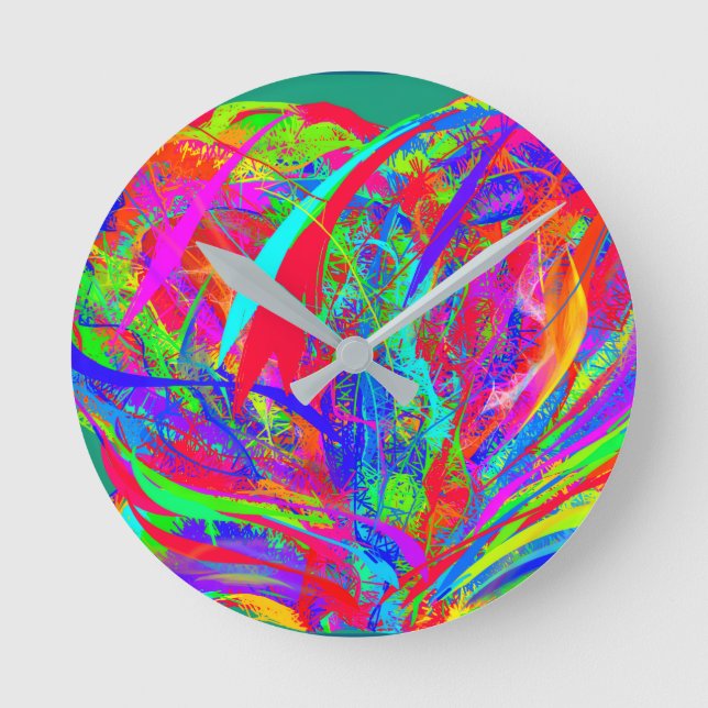 Furry Rainbow Colored Flower Round Clock (Front)